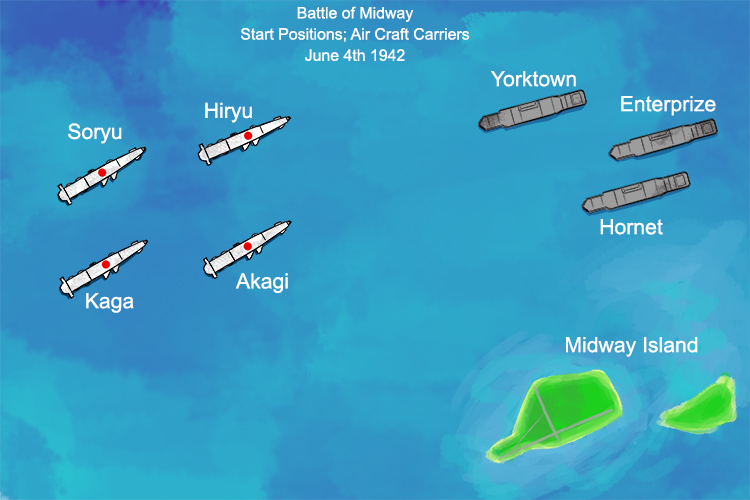 Midway battle map between Japanese and US aircraft carriers